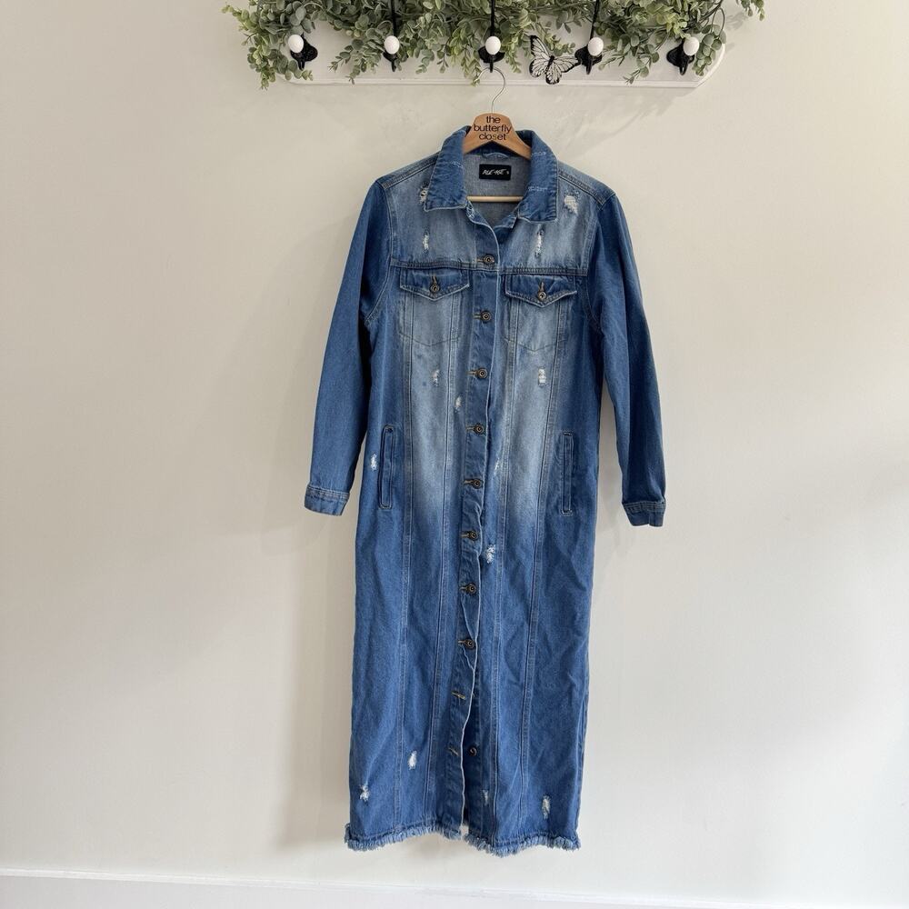 Blue Age Distressed Denim Button Down Jacket Dress Small Y15